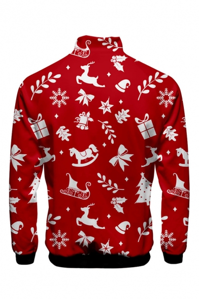Mens Chic Christmas Pattern Print Stand Collar Long Sleeve Zip Front Casual Holiday Jacket