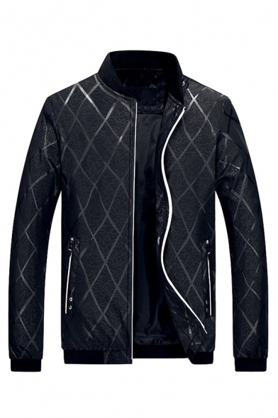 Mens Classic Diamond Pattern Long Sleeve Stand Collar Zip Front Slim Fit Casual Baseball Jacket