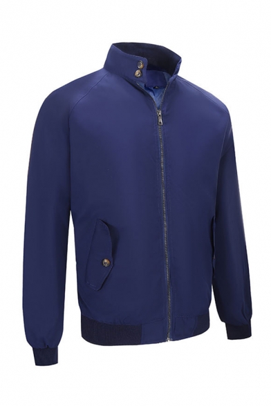 Mens Classic Solid Color High Collar Long Sleeve Flap Pocket Zip Up Harrington Jacket