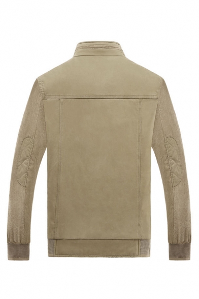 Mens Fall Casual Long Sleeve High Neck Zip Placket Khaki Thick Work Jacket Coat