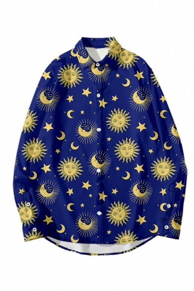 Mens Fashionable Cartoon Moon Star Pattern Long Sleeve Single Breasted Oversized Shirt