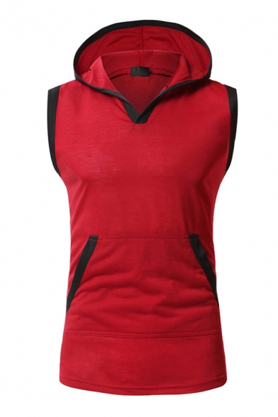 Mens Sportive Contrast Trim Design Sleeveless Slim Fit Hoodie Vest with Kangaroo Pocket
