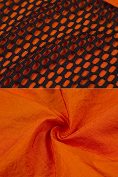 Orange Lapel Collar Half-Zip Long Sleeve Fishnet Paneled Zipper Pocket Loose Fit Sweatshirt