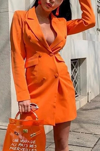 Plain Orange Notched Lapel Long Sleeve Double Breasted Longline Suit Blazer Dress with Pocket