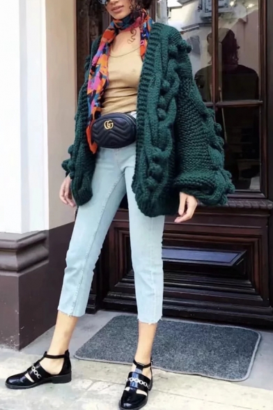 Plain Retro Ball-Knit Chunky Drop Shoulder Loose Fit Oversized Cardigan Coat