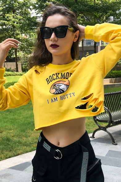Popular ROCKMORE Letter Eagle Pattern Long Sleeve Ripped Yellow Cropped Sweatshirt