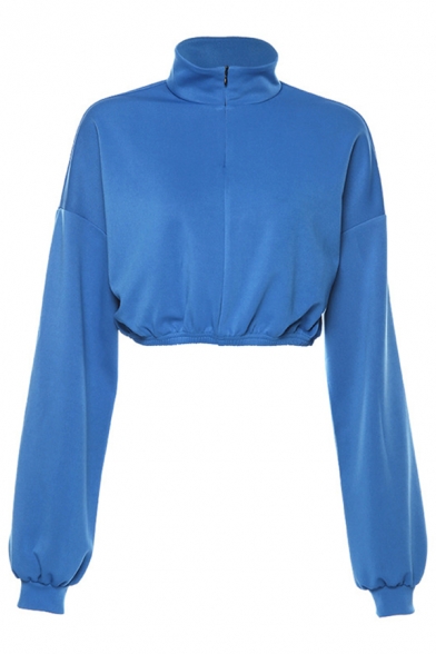 Sexy Women Stand Collar Long Sleeve Zip Up Plain Blue Crop Top Sweatshirt