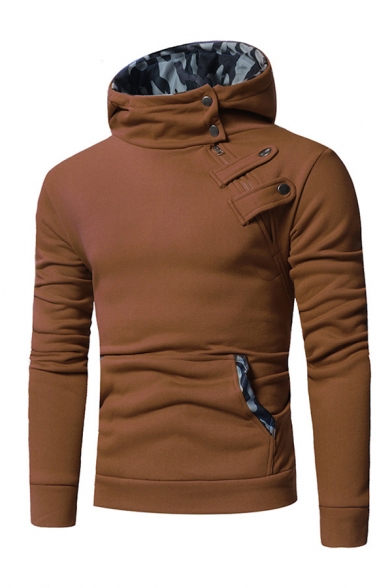 Simple Camo Splice Lined Oblique Button Kangaroo Pocket Slim Fit Pullover Hoodie