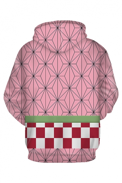 Unisex 3D Print Pink Plaid Patchwork Pouch Pocket Long Sleeve Drawstring Cosplay Hoodie