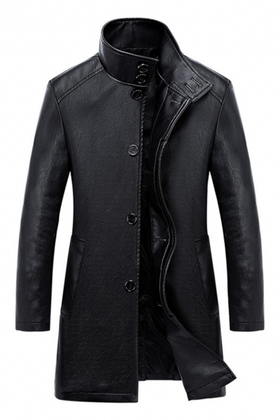 Winter Cool Plain Stand Collar Button Front Mens Faux Leather Business Longline Jacket Coat