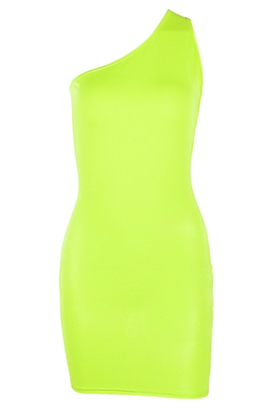 Women's Summer Fashion Solid Oblique Shoulder Cut-Out Back Mini Bodycon Dress