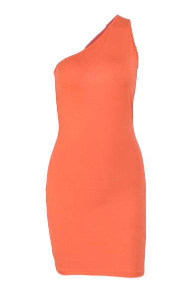 Women's Summer Fashion Solid Oblique Shoulder Cut-Out Back Mini Bodycon Dress