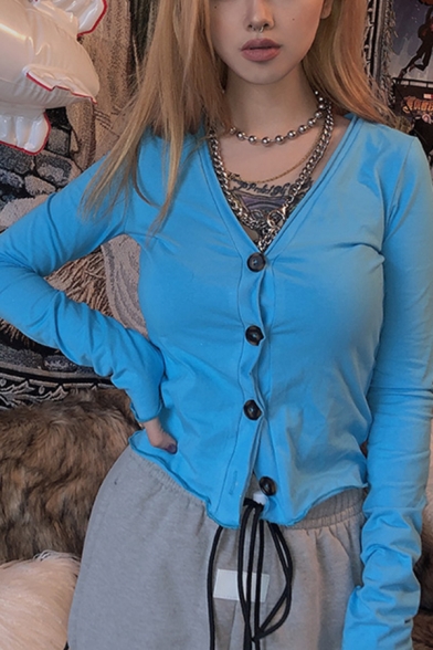 Womens Casual Blue V Neck Long Sleeve Stringy Selvedge Trim Button Down Fitted Cardigan Top