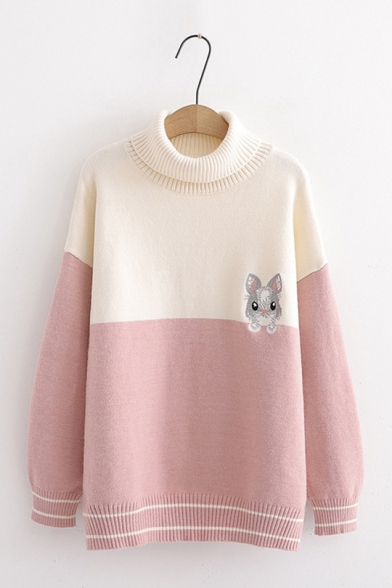 Womens Casual Cute Rabbit Printed Color Block Panel Long Sleeve Roll Neck Oversized Pullover Knitted Sweater