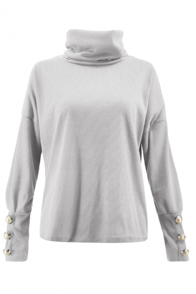 Womens Casual Roll Neck Faux Pearl Embellished Long Sleeve Solid Knitwear Pullover Sweater