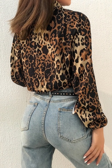 Womens Cool Leopard Printed Half Zip Long Sleeve Drawstring Hem Leisure Cropped Jacket