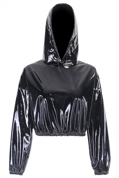 Womens Cool Plain Black PU Metallic Pleated Detail Elastic Cuff Long Sleeve Drawstring Crop Hoodie