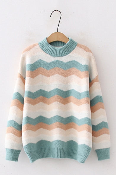 Womens Cute Zigzag Stripe Printed Round Neck Long Sleeve Relaxed Loose Knitted Jumper Sweatshirt