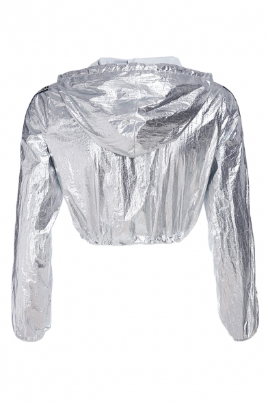 Womens Designer Silver Metallic Letter Tape Printed Long Sleeve Drawstring Hem Zip Up Cropped Hooded Jacket