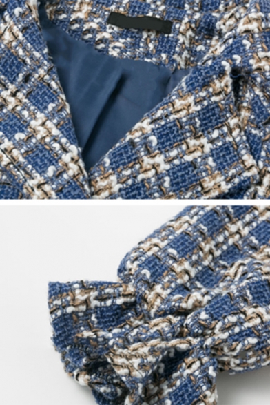 Womens Elegant Blue Checked Pattern Ruffled Long Sleeve Double Button Tweed Jacket Coat