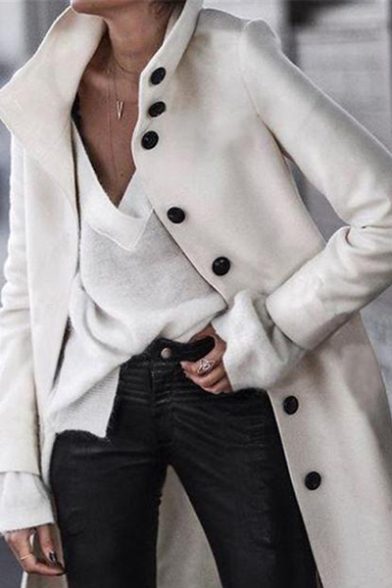 Womens Elegant Plain White Long Sleeve Stand Collar Single Breasted Longline Wool Coat