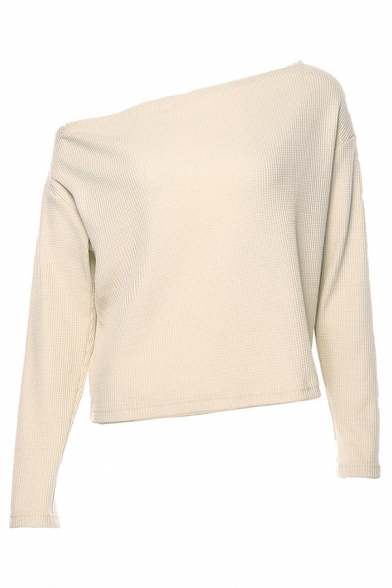 Womens Fall Stylish Plain Apricot One Shoulder Long Sleeve Loose Fit Knit Pullover Sweater
