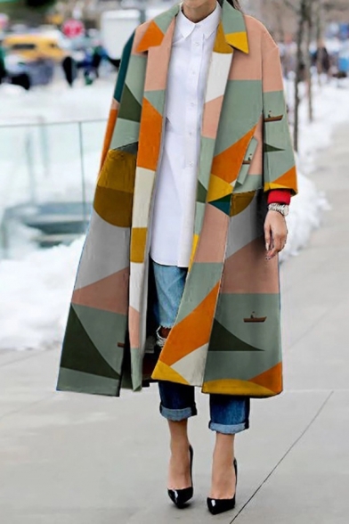Womens Fashion Colorblocked Geometric Pattern Notched Lapel Long Sleeve Oversized Longline Outdoor Coat