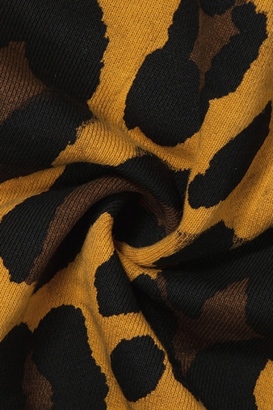 Womens Fashion Leopard Print Long Sleeve Crew Neck Long Sleeve Dark Brown Cropped Pullover Sweatshirt