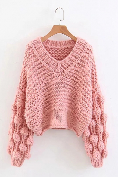 Womens Fashion Solid Pom Pom Sleeve V-Neck Loose Fit Chunky Knitwear Pullover Sweater