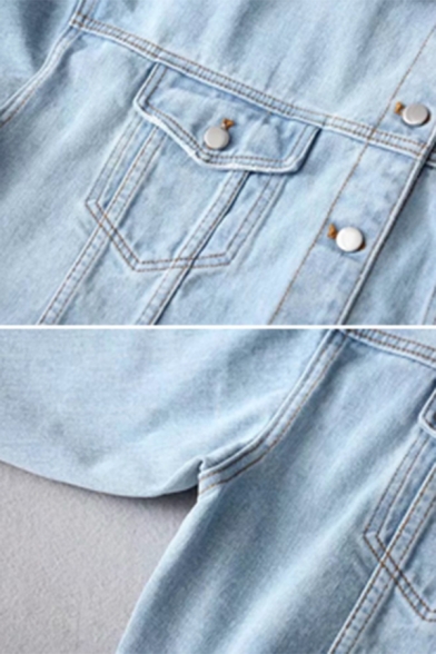 Womens Fashionable Lapel Collar Long Sleeve Button Front Ripped Hem Cropped Denim Jacket
