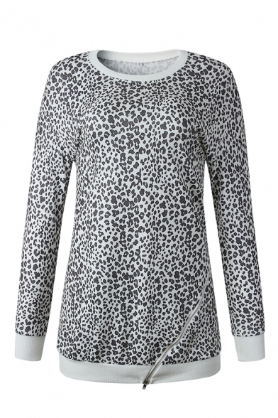 Womens Fashionable Leopard Printed Long Sleeve Oblique Zip Embellished Gray Tunic Sweatshirt Dress