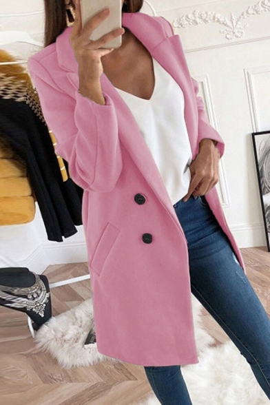Womens Fashionable Notched Collar Long Sleeve Double Breasted Longline Plain Woolen Overcoat