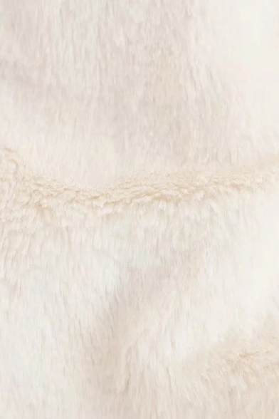 Womens Plain White Lapel Collar Long Sleeve Full Zip Faux Rabbit Fur Warm Coat with Pocket