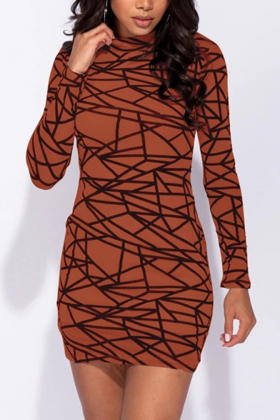 Womens Sexy Allover Irregular Geometric Pattern Long Sleeve Mock Neck Mesh Bodycon Dress