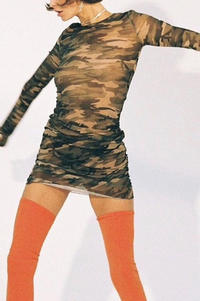 Womens Sexy Camo Printed Long Sleeve Round Neck Sheer Mesh Mini Dress