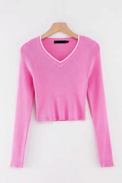 Womens Sexy Pink Plain V-Neck Long Sleeve Cropped Slim Fit Pullover Sweater Knitwear Top