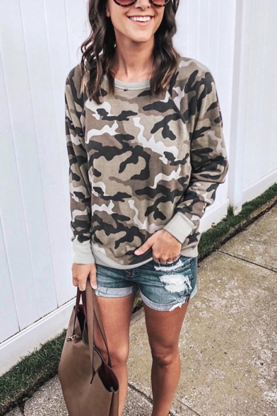 Womens Simple Camouflage Pattern Long Sleeve Round Neck Casual Sweatshirt