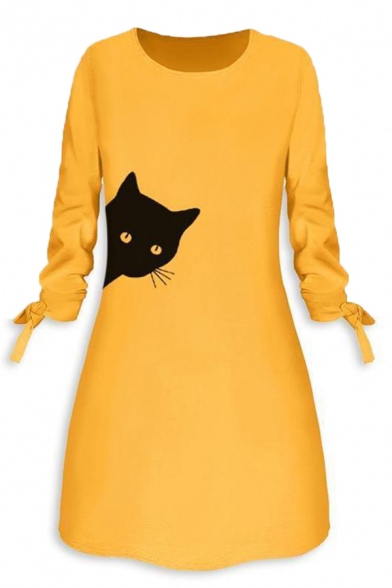 Womens Simple Cat Printed O-Neck 3/4 Tied Sleeve Casual Daily Wear Midi Dress