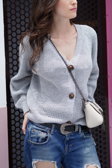 Womens Simple V-Neck Long Sleeve Button Down Loose Fit Purl Knit Cardigan Coat