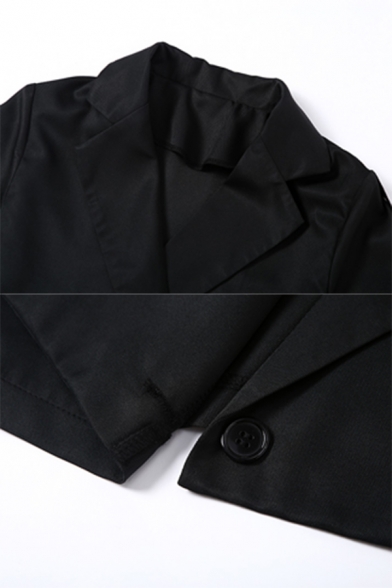 Womens Trendy Lapel Collar Eyelets Tape Embellished Long Sleeve Black Cropped Blazer Coat