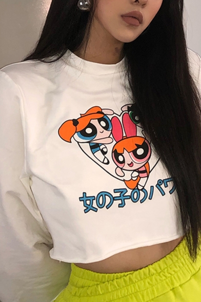 Anime Cartoon Girls Printed Long Sleeve Mock Neck White Cropped Pullover Sweatshirt Top