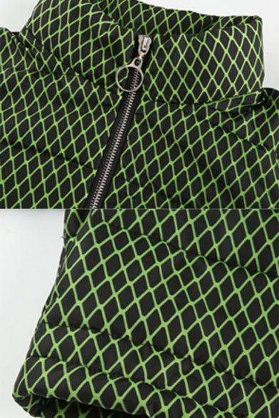 Black and Green Grids Print High Collar Long Sleeve Drawstring Hem Zipper Cropped Down Coat