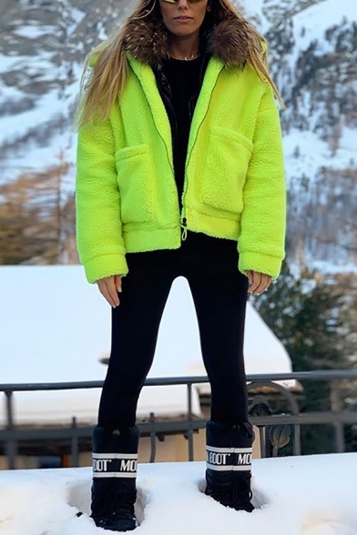 Chic Fluorescent Green Solid Color Long Sleeve Big Pocket Zip Up Lamb Wool Overcoat Jacket