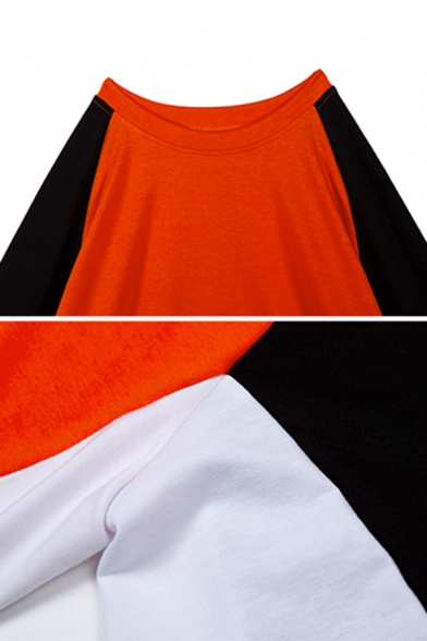 Fall Stylish Color Block Long Sleeve Round Neck Orange Crop Pullover Sweatshirt