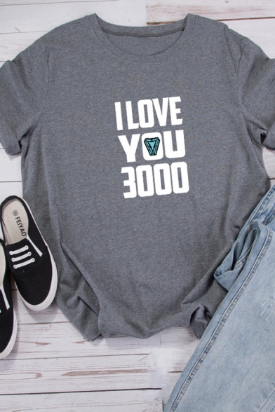 Girls Stylish Letter I LOVE YOU 3000 Roll-Up Short Sleeve Loose Relaxed T-Shirt