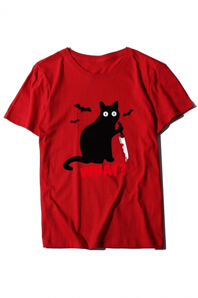 Halloween Cat Knife Letter WHAT Printed Short Sleeve Oversized Casual Tee Top