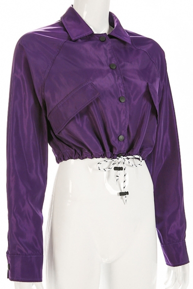 Hip Hop Style Dark Purple Long Sleeve Snap Button Front Drawstring Hem Cropped Jacket
