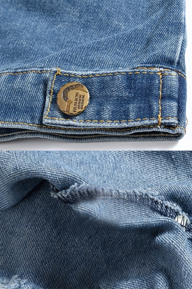 Hot Popular Light Blue Shredded Lapel Button Front Denim Vest with Pocket