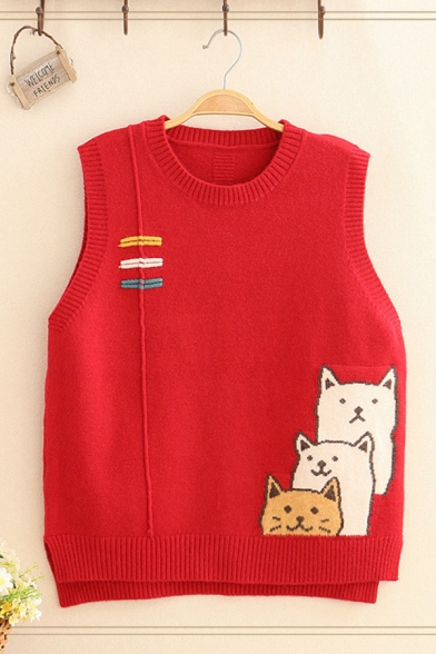 Juniors Cute Cats Embroidery Round Neck High Low Hem Oversized Pullover Knit Vest