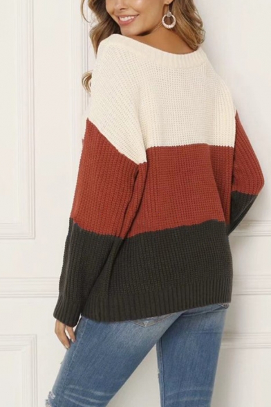 Ladies Casual Color Block Long Sleeve Boat Neck Loose Relaxed Pullover Sweater